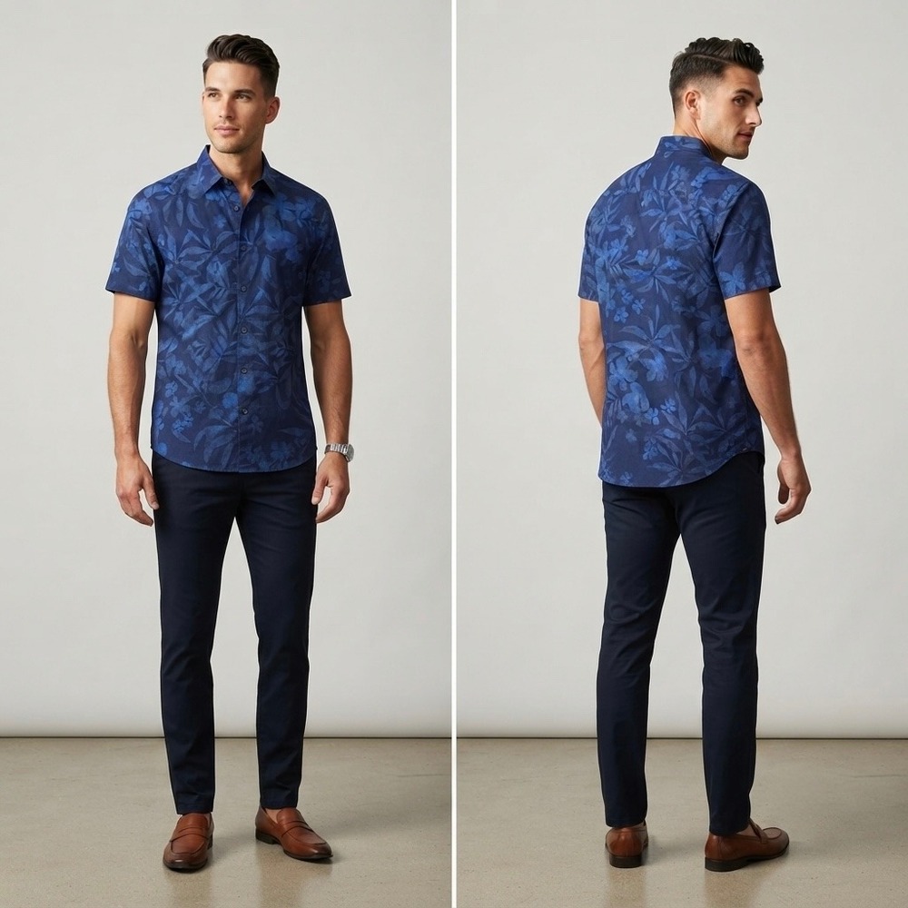 Zegna Sport Mens Medium Blue Tropical Floral Linen Button Up Shirt Italy